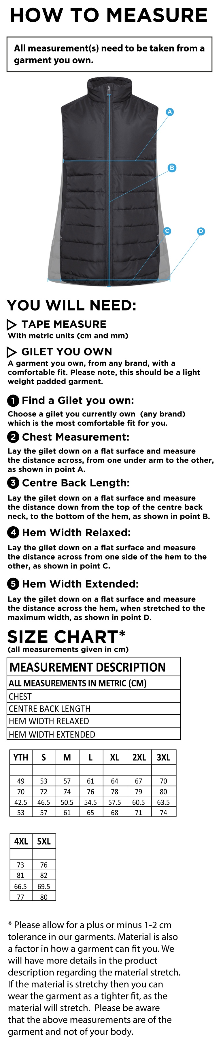 Aberystwyth University - Gilet - Size Guide
