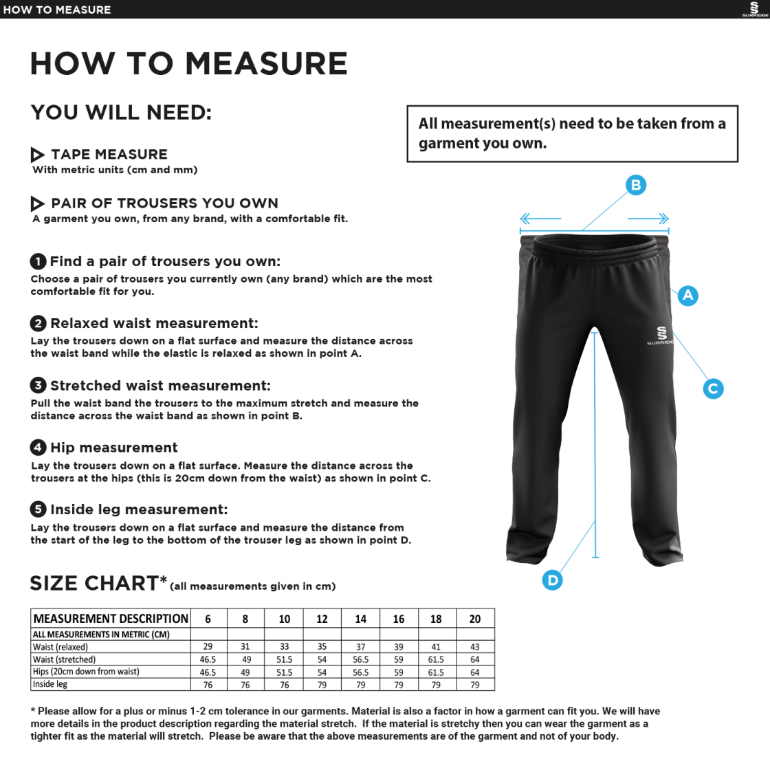 Aberystwyth University - American Football - Women's Ripstip Track Pants - Size Guide