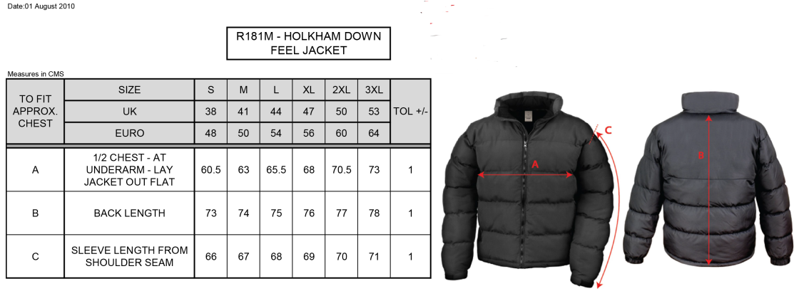 Aberystwyth Unversity - Hockey - Men's Puffa Jacket - Size Guide