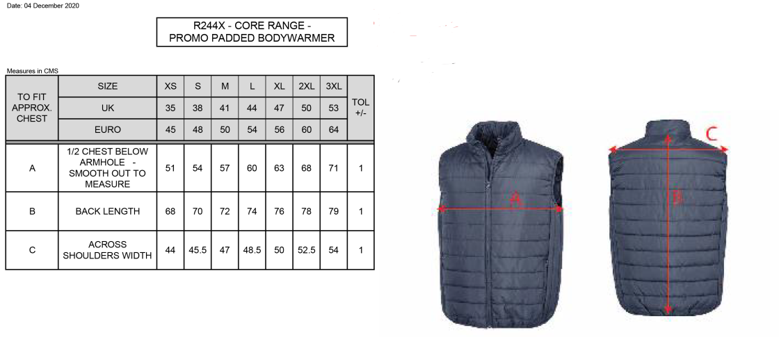 Aberystwyth University - Equestrian - Gilet - Size Guide