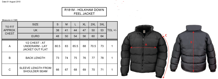 Aberystwyth Unversity - Harriers - Men's Puffa Jacket - Size Guide