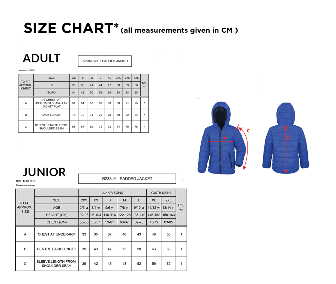 Aberystwyth University - Padded Jacket - Size Guide