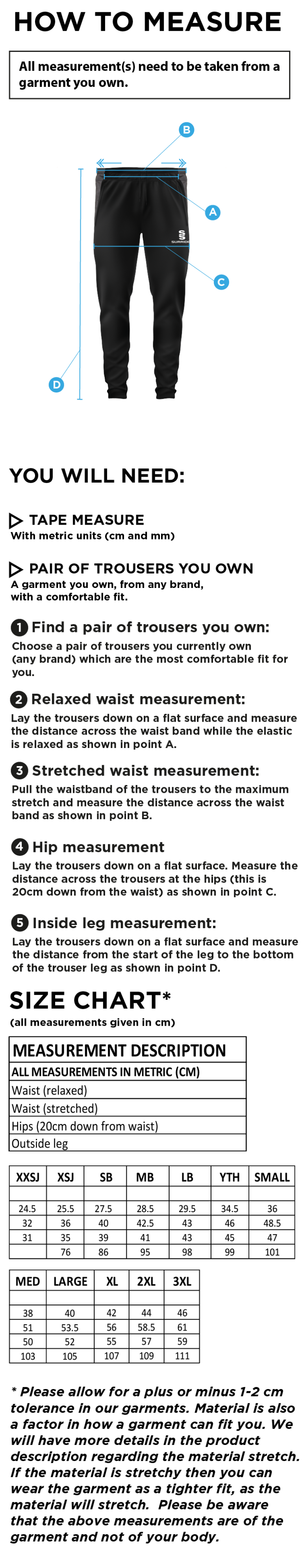 Aberystwyth University - Ultimate Frisbee - Tek Pants - Size Guide