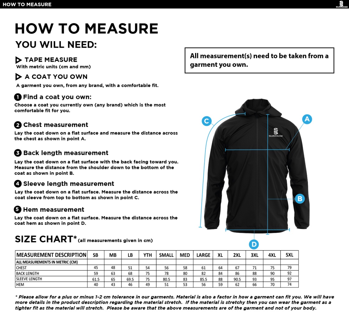 Aberystwyth University - Training Jacket - Size Guide
