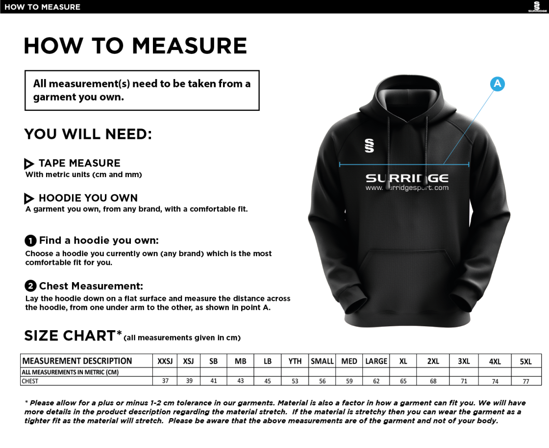 Aberystwyth University - Archery - Overhead Hoodie - Size Guide