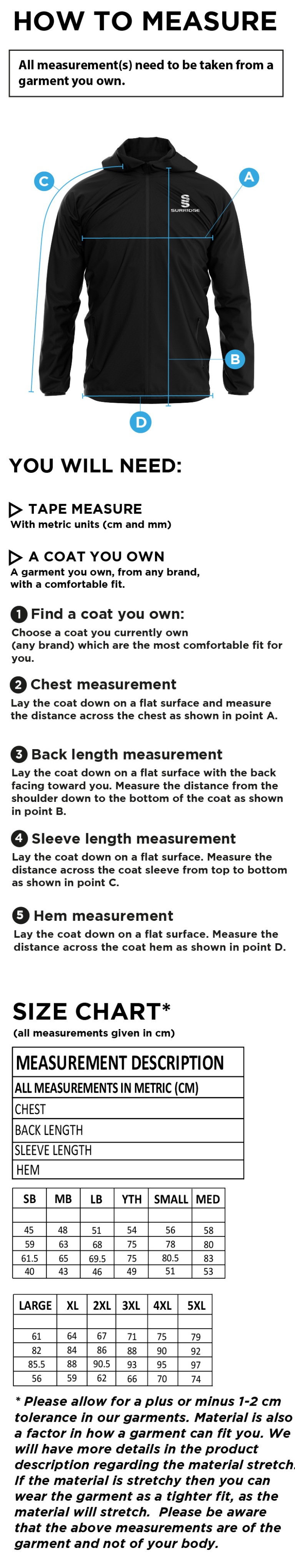 Aberystwyth University - Training Jacket - Size Guide