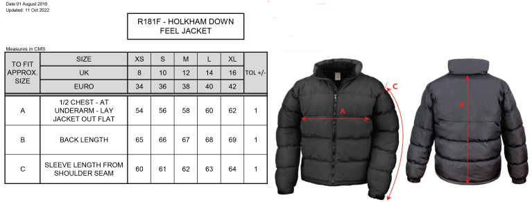 Aberystwyth University - Equestrian - Women's Puffa Jacket - Size Guide