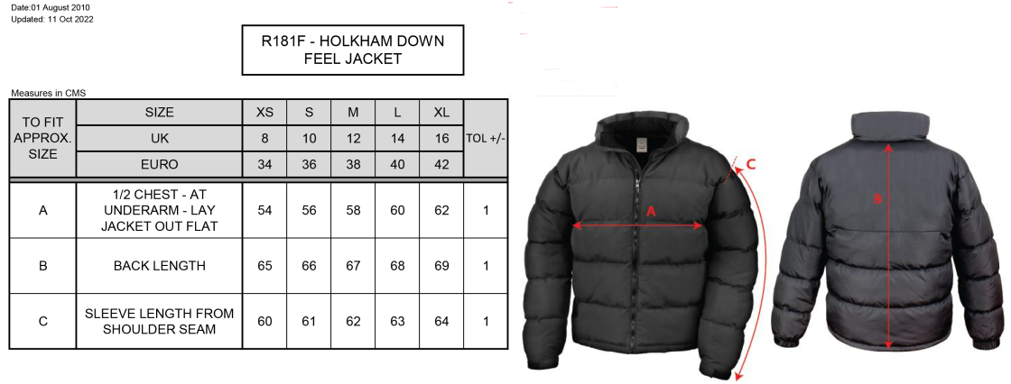 Aberystwyth University - Women's Puffa Jacket - Size Guide