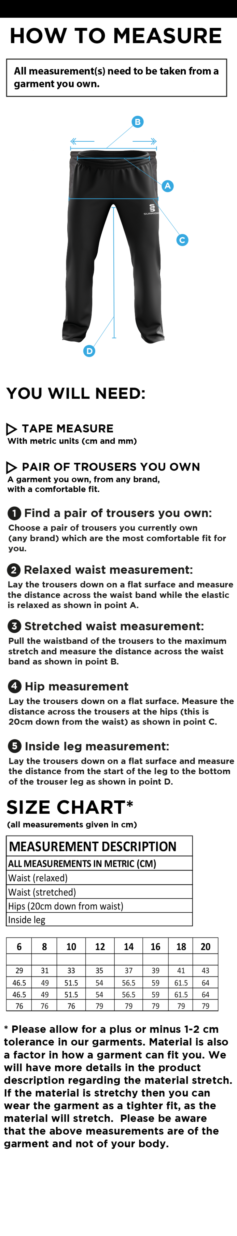 Aberystwyth University - Women's Ripstop Track Pants - Size Guide