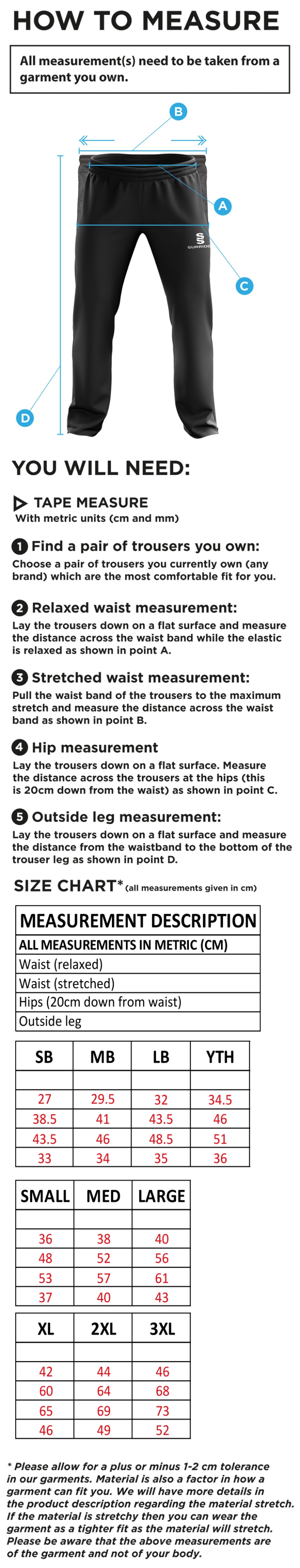 Aberystwyth University - Men's Ripstop Track Pants - Size Guide