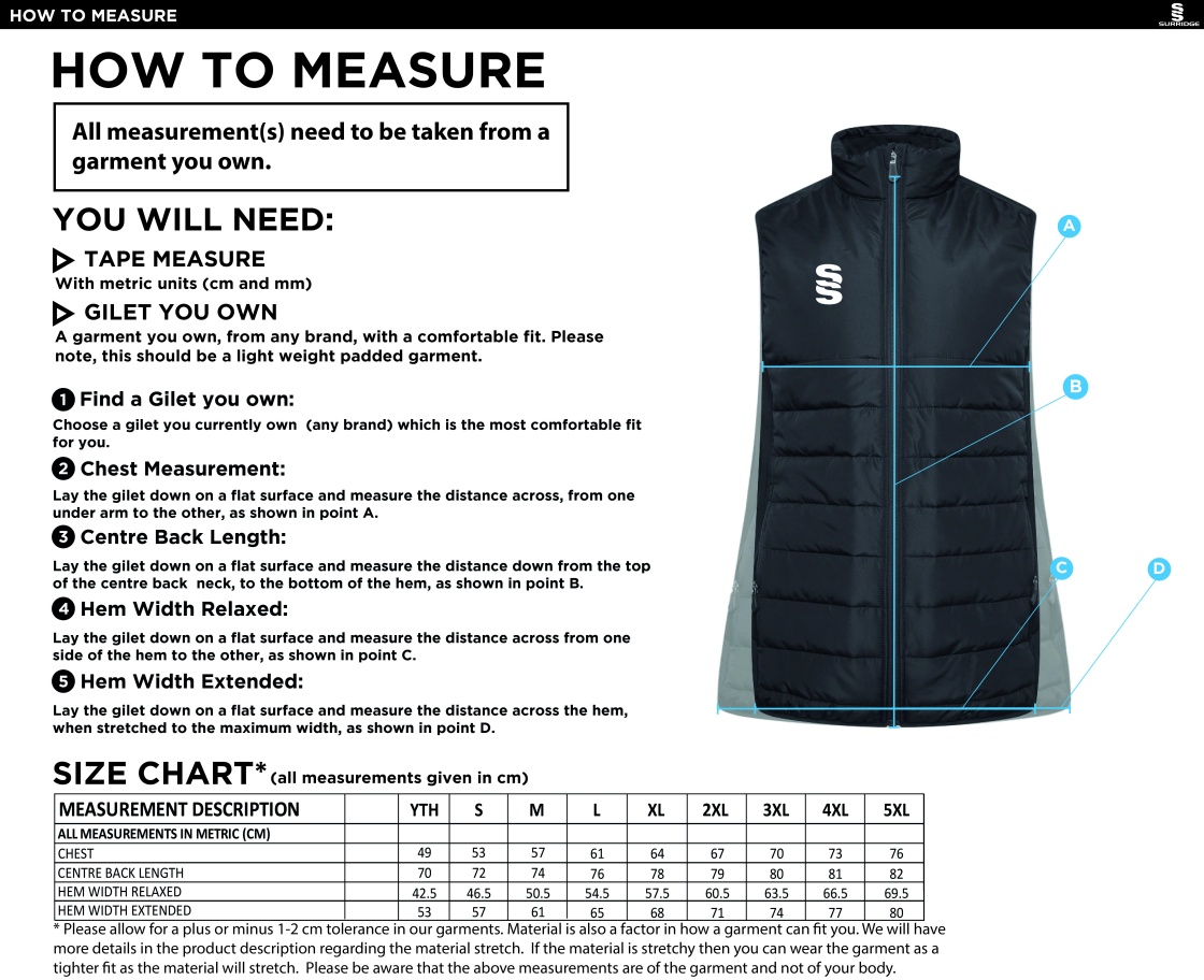 Aberystwyth University - Gilet - Size Guide