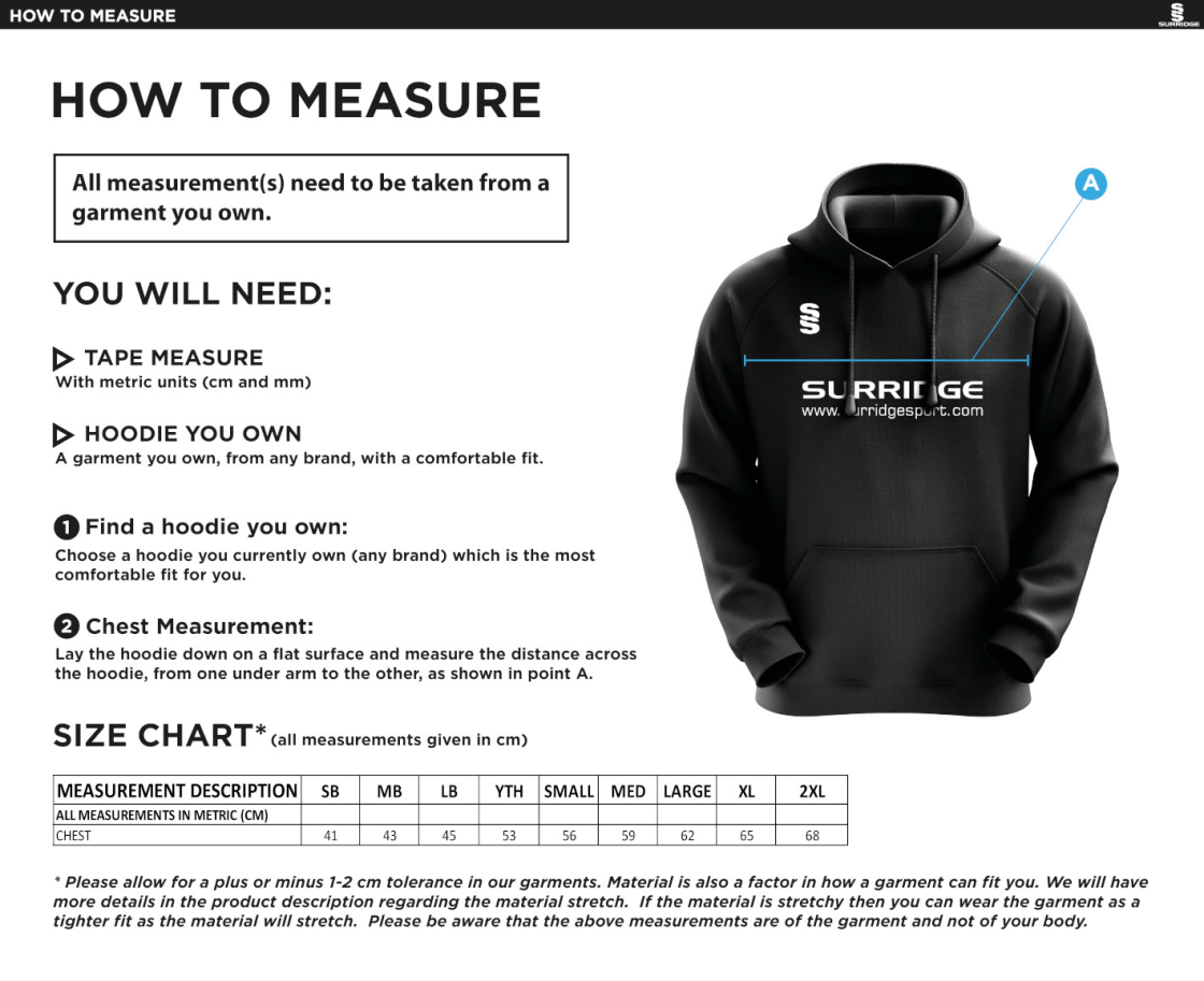 Aberystwyth University - Rugby Union (Women's) - Overhead Hoodie - Size Guide