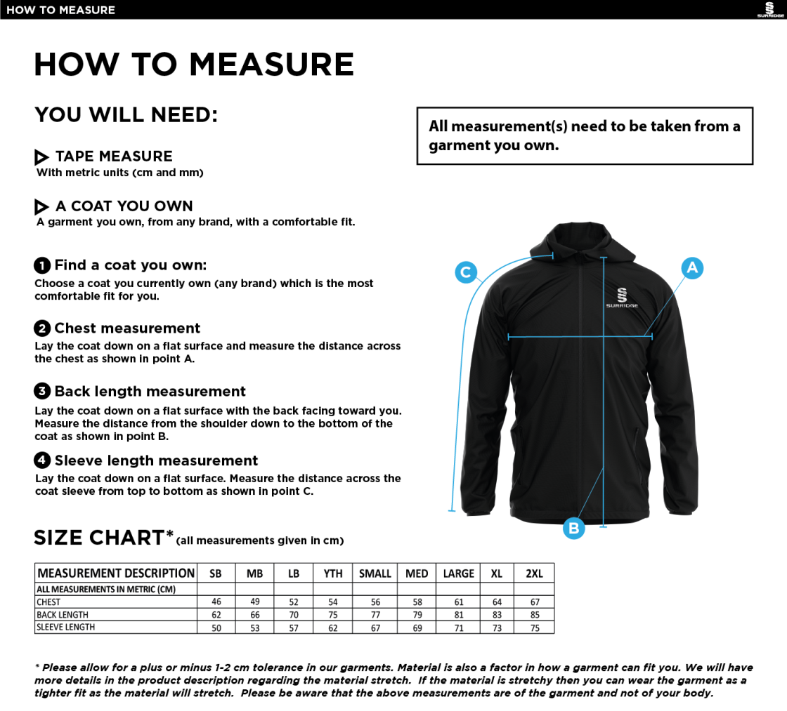 Aberystwyth University - Rugby Union (Women's) - 1/4 Zip Rain Jacket - Size Guide