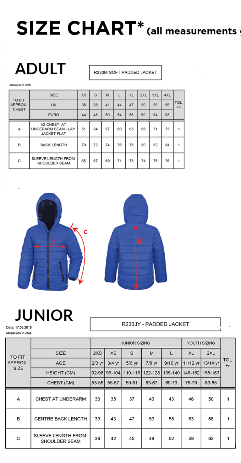 Aberystwyth University - Harriers - Padded Jacket - Size Guide