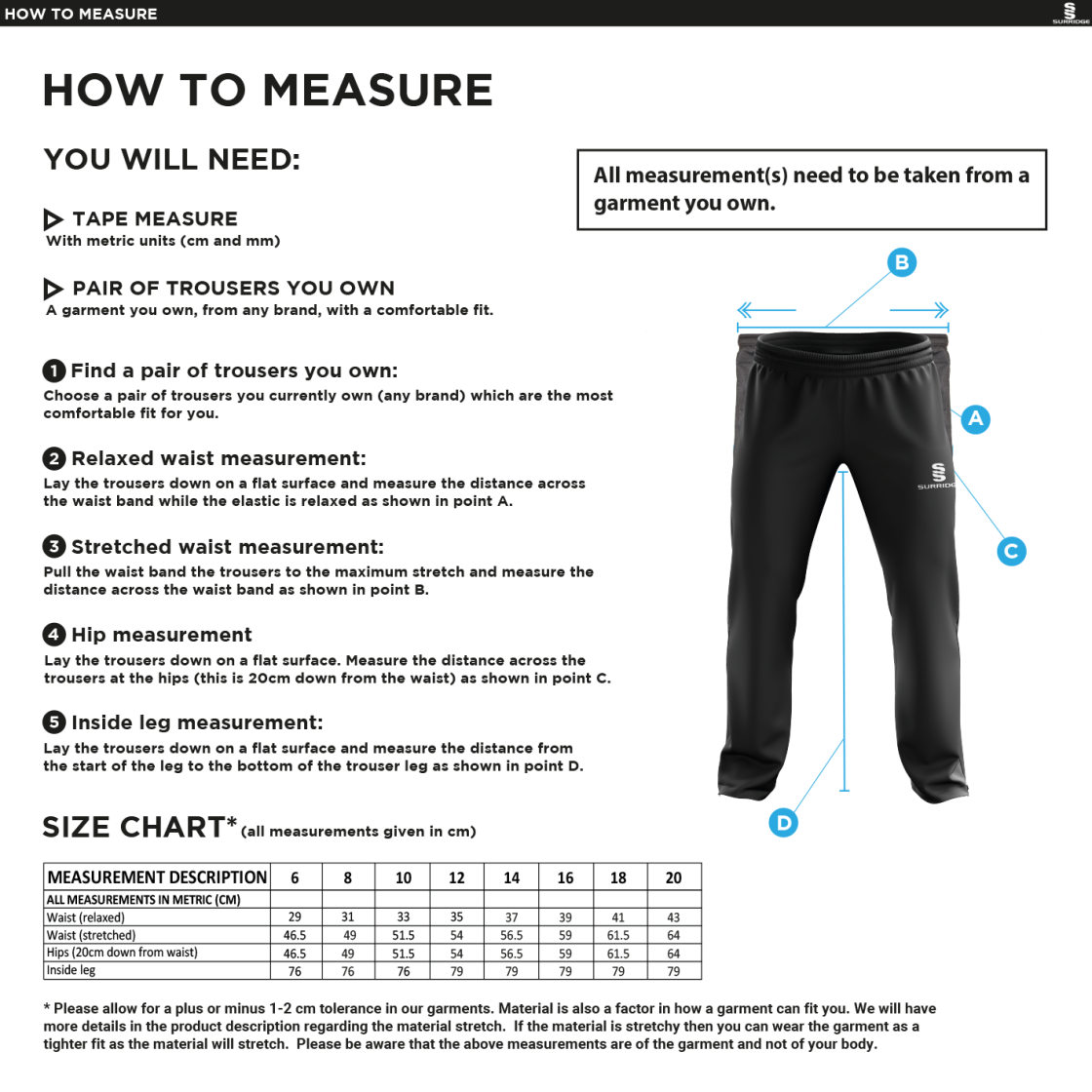 Aberystwyth University - Rugby League - Women's Poplin Track Pants - Size Guide