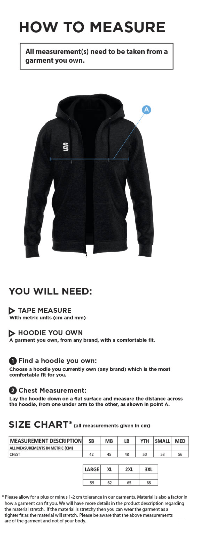 Aberystwyth University - Harriers - Full Zip Hoody - Size Guide