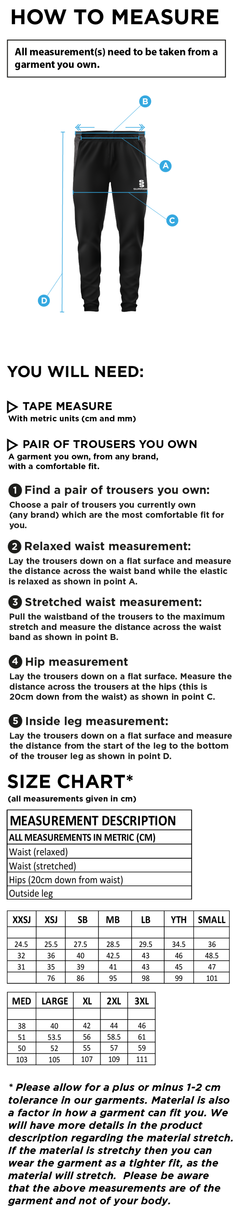 Aberystwyth University - Tek Pants - Size Guide