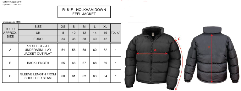 Aberystwyth University - Women's Puffa Jacket - Size Guide