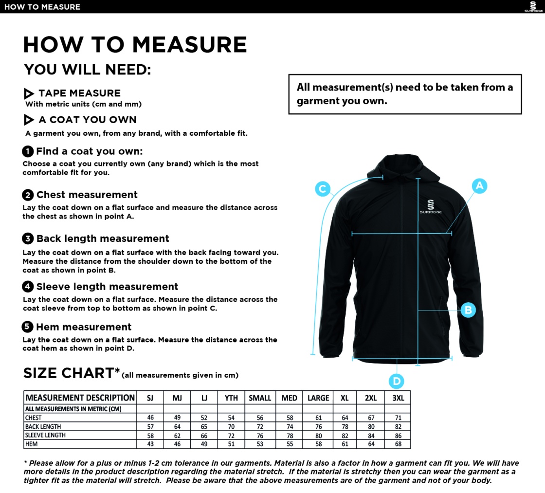 Aberystwyth University - Equestrian - 1/4 Zip Rain Jacket - Size Guide