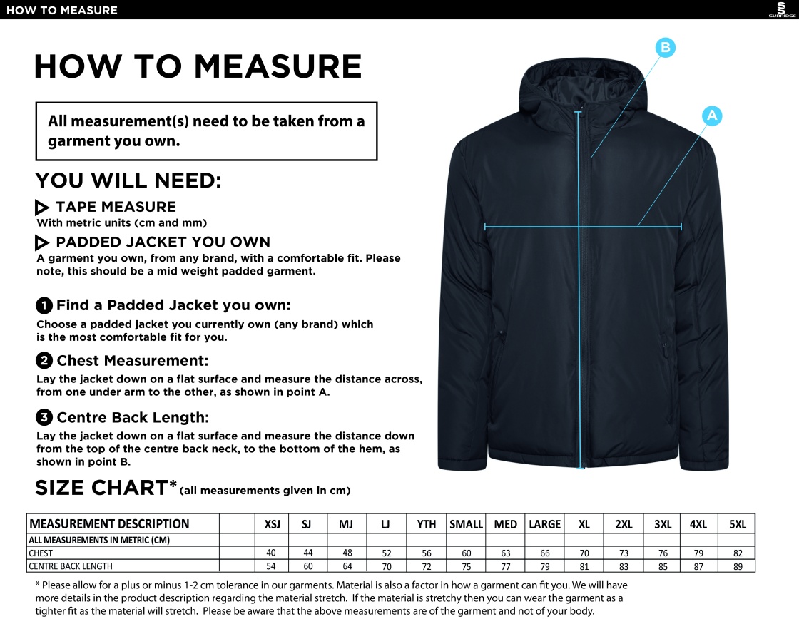 Aberystwyth University -  Swimming and Water Polo - Coaches Jacket - Size Guide