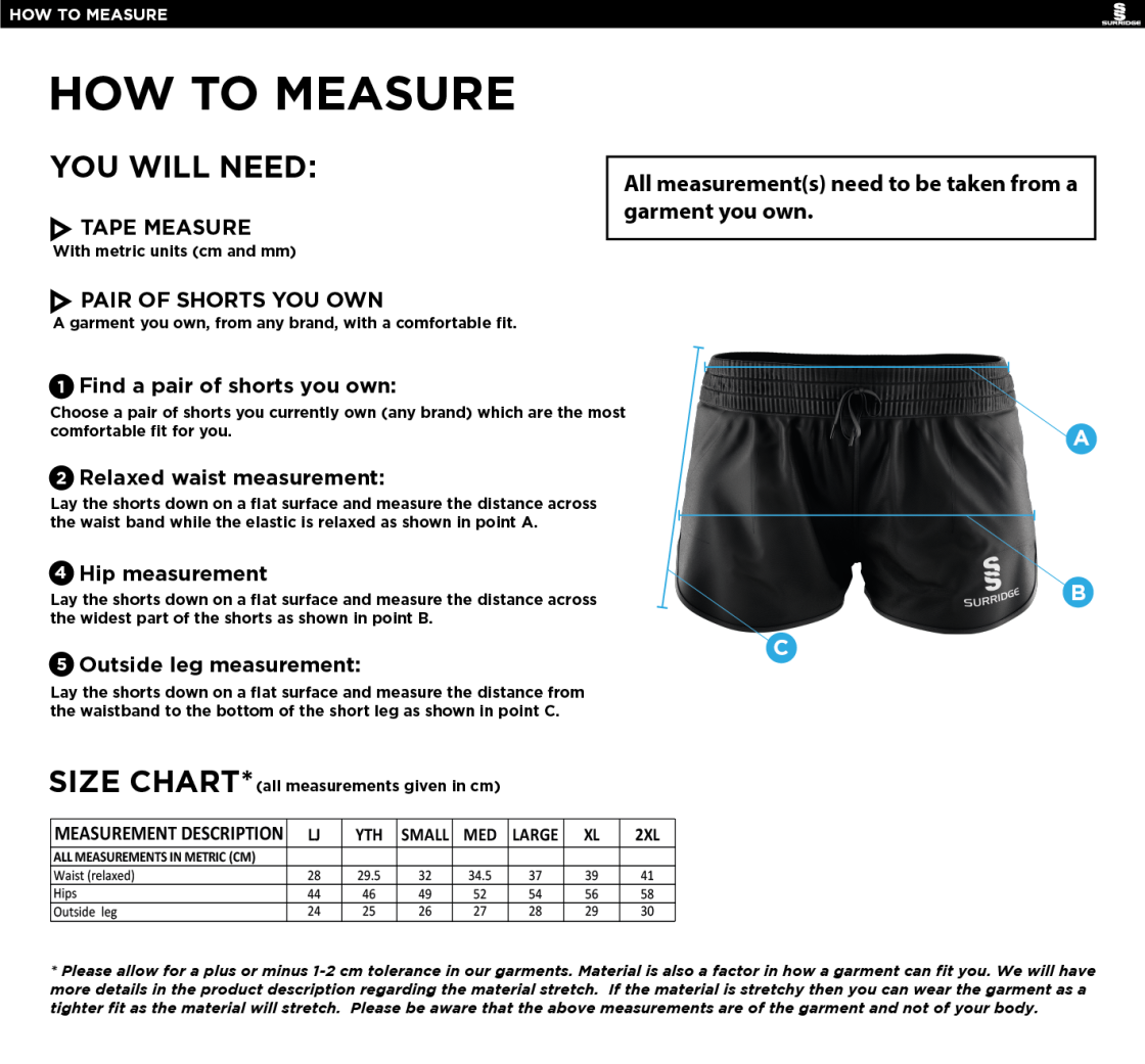 Aberystwyth University - Hockey - Women's Active Shorts - Size Guide