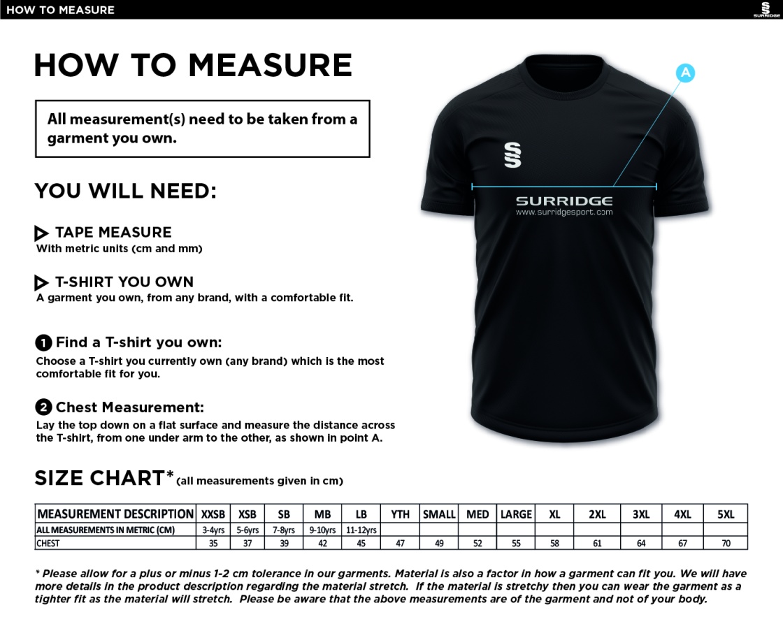 Aberystwyth University - Training Shirt - Size Guide