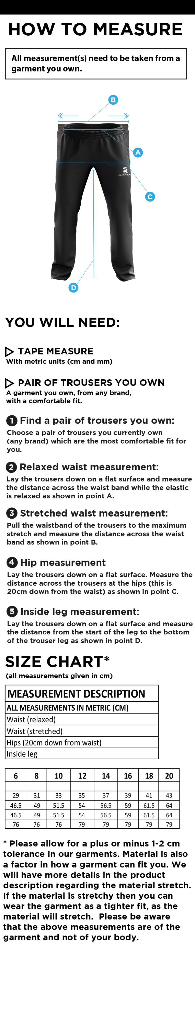 Aberystwyth University - American Football - Women's Ripstip Track Pants - Size Guide