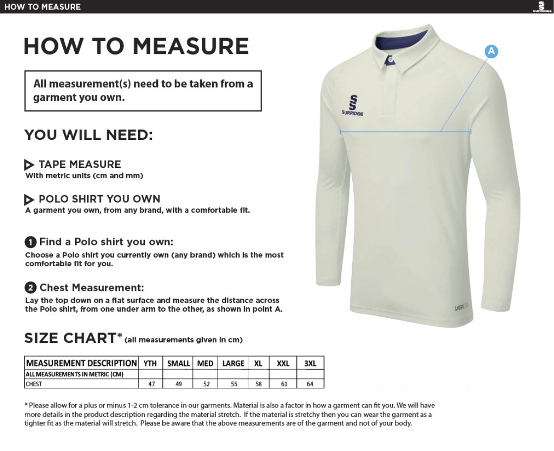 Aberystwyth University - Dual Cricket Shirt Long Sleeve - Size Guide