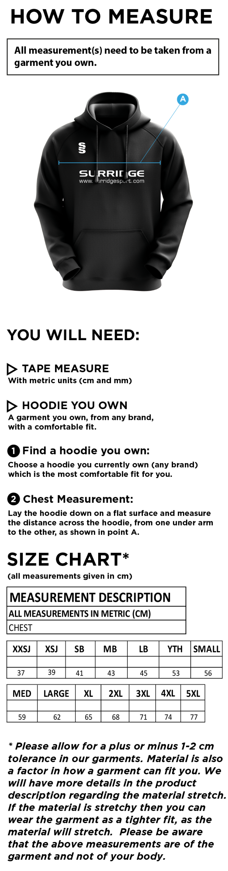 Aberystwyth University - Overhead Hoodie - Size Guide