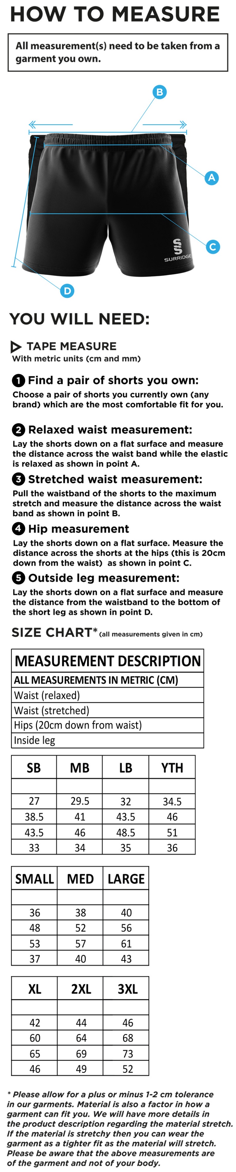 Aberystwyth University - Kickboxing - Performance Short - Size Guide