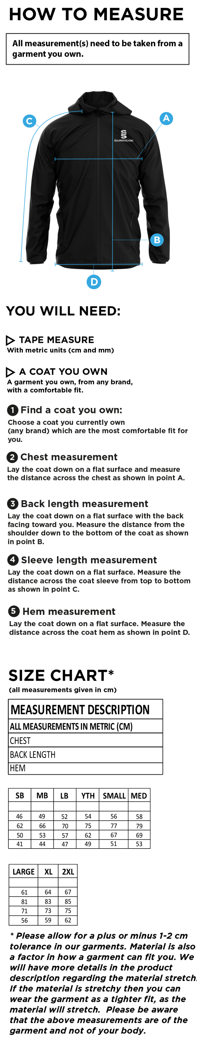 Aberystwyth University - Training Jacket - Size Guide