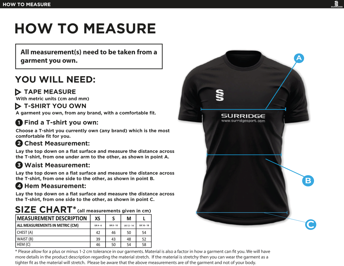 Aberystwyth University - Volleyball - Womens Games Shirt - Size Guide