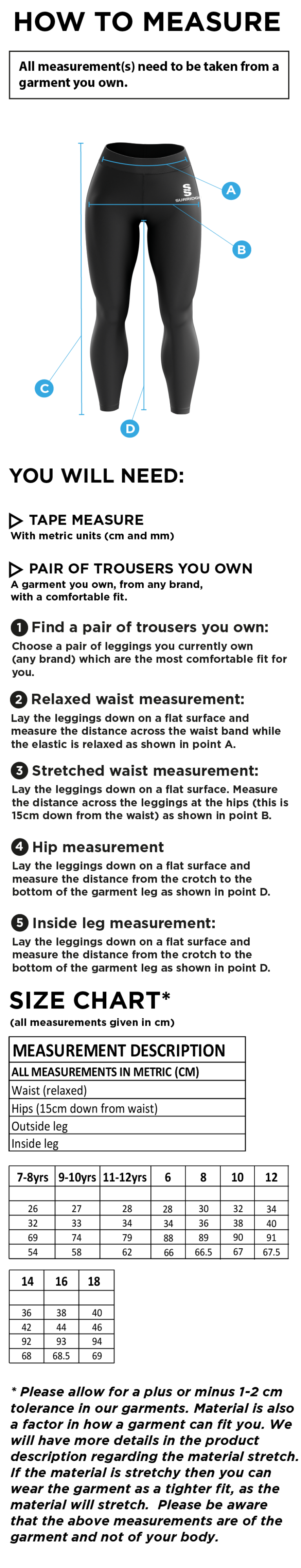 Aberystwyth University - Volleyball - Leggings - Size Guide