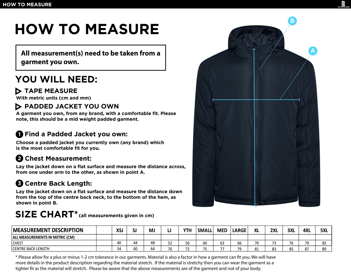 Aberystwyth University - Rugby Union (Women's) - Coaches Jacket - Size Guide