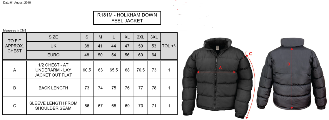 Aberystwyth Unversity - Men's Puffa Jacket - Size Guide