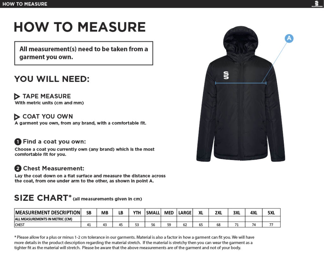 Aberystwyth University - Archery Coaches Jacket - Size Guide