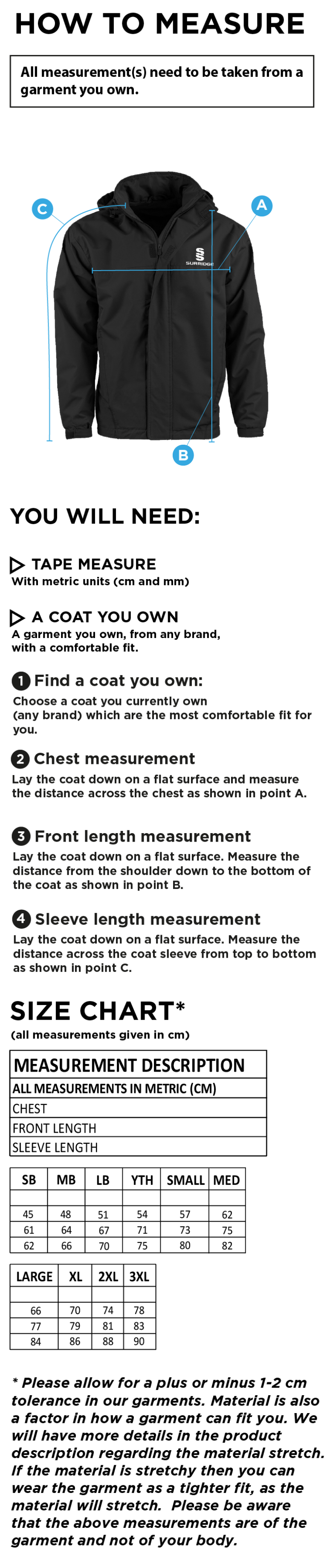 Aberystwyth University - Archery - Lined Jacket - Size Guide