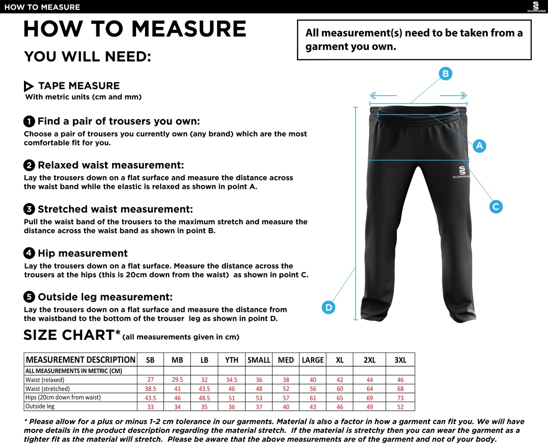 Aberystwyth University - Men's Ripstop Track Pants - Size Guide