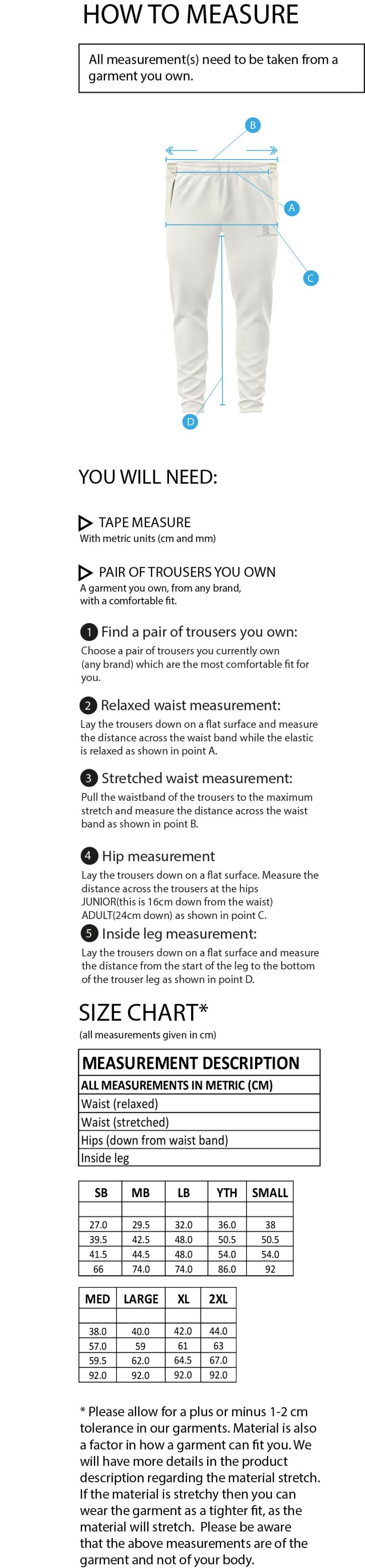 Aberstwyth University - Ergo Playing Pant - Size Guide