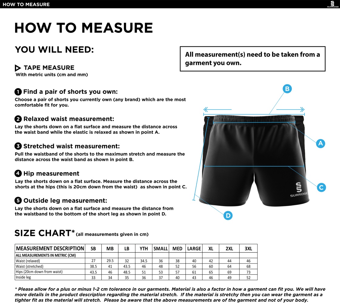 Aberystwyth University - Futsal - Performance Short - Size Guide