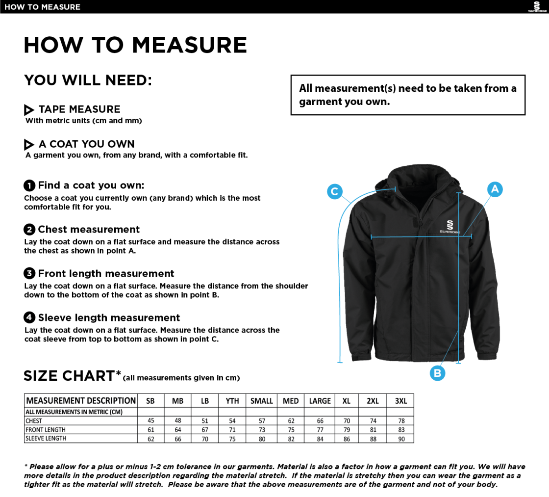 Aberystwyth University - Rugby Union (Women's) - Lined Jacket - Size Guide