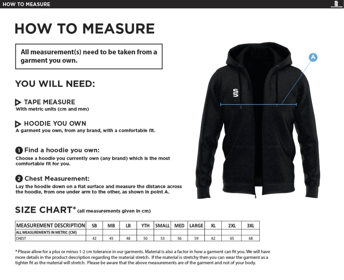 Aberystwyth University - Harriers - Full Zip Hoody - Size Guide