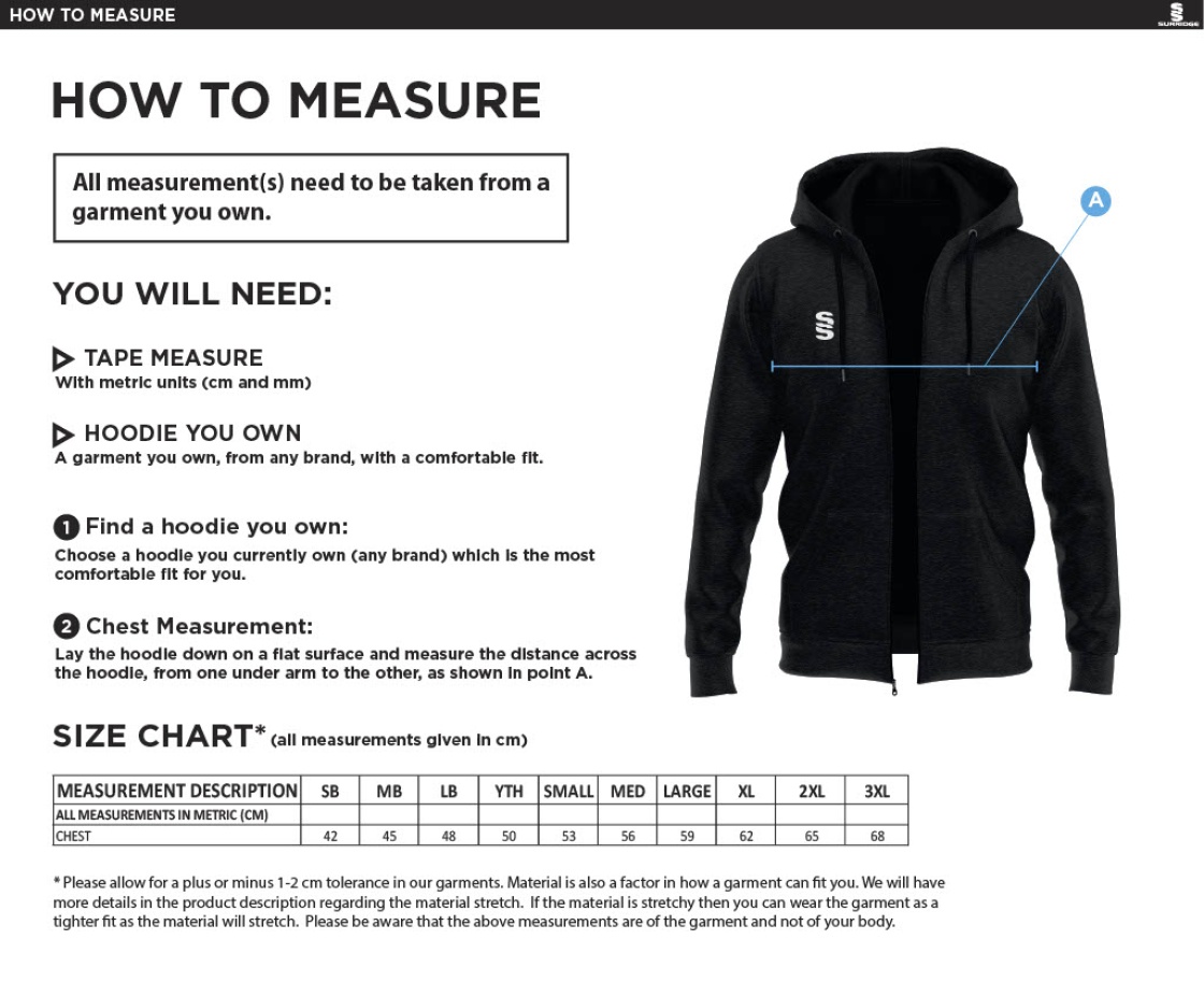 Aberystwyth University - Full Zip Hoody - Size Guide