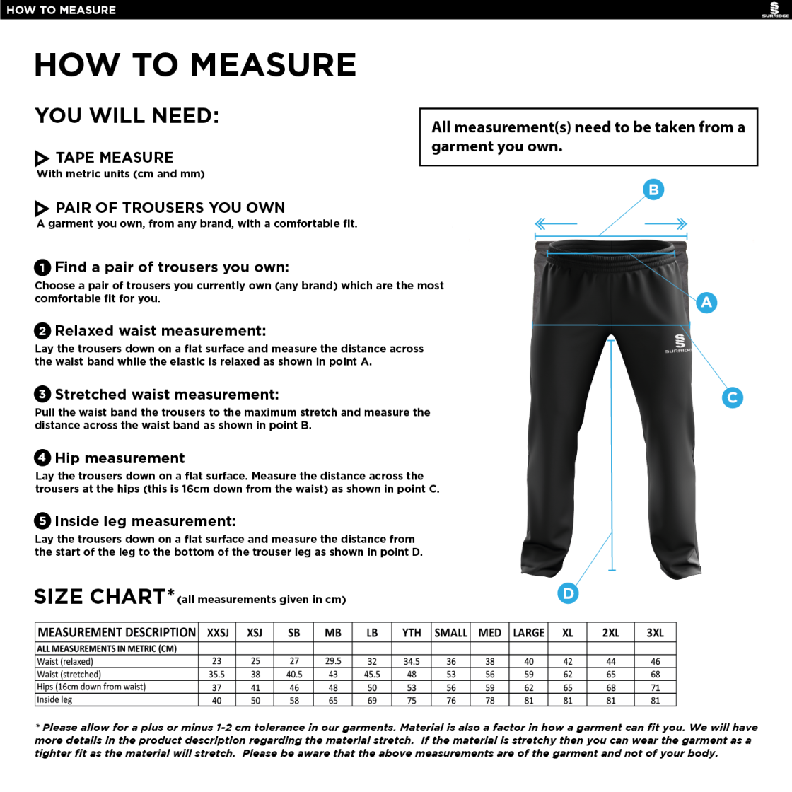 Aberystwyth University - Men's Poplin Track Pants - Size Guide