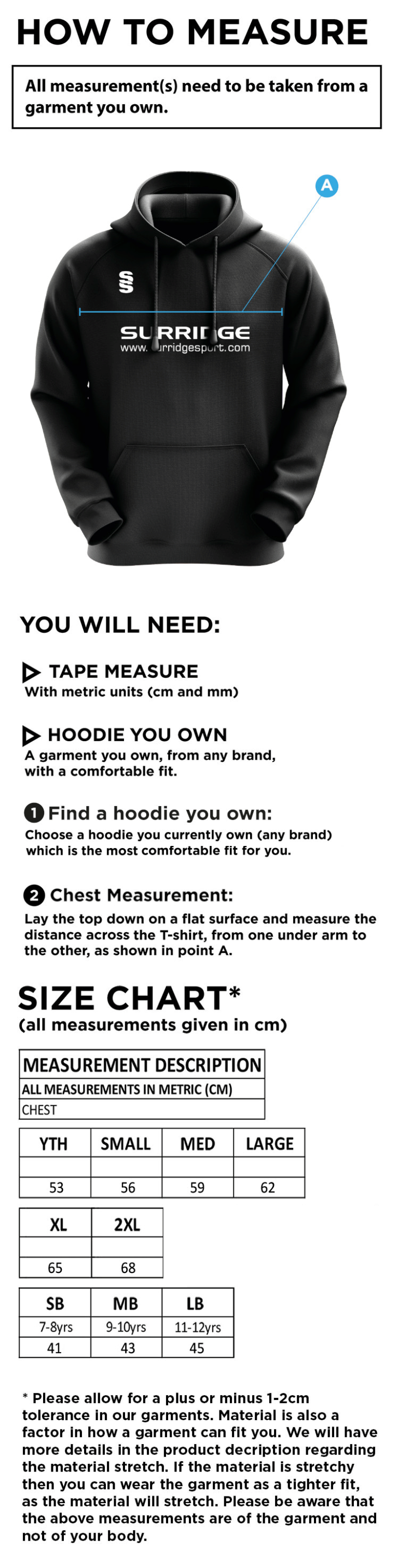 Aberystwyth University - Rugby Union (Women's) - Overhead Hoodie - Size Guide